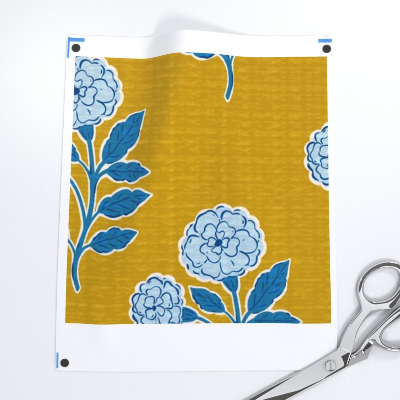 Yellow Floral Blue Block Print Marigold Flowers Hand Drawn Modern Botanical Faux Texture Custom Printed Fabric by Spoonflower Various Fabrics by the Yard or Fat Quarter